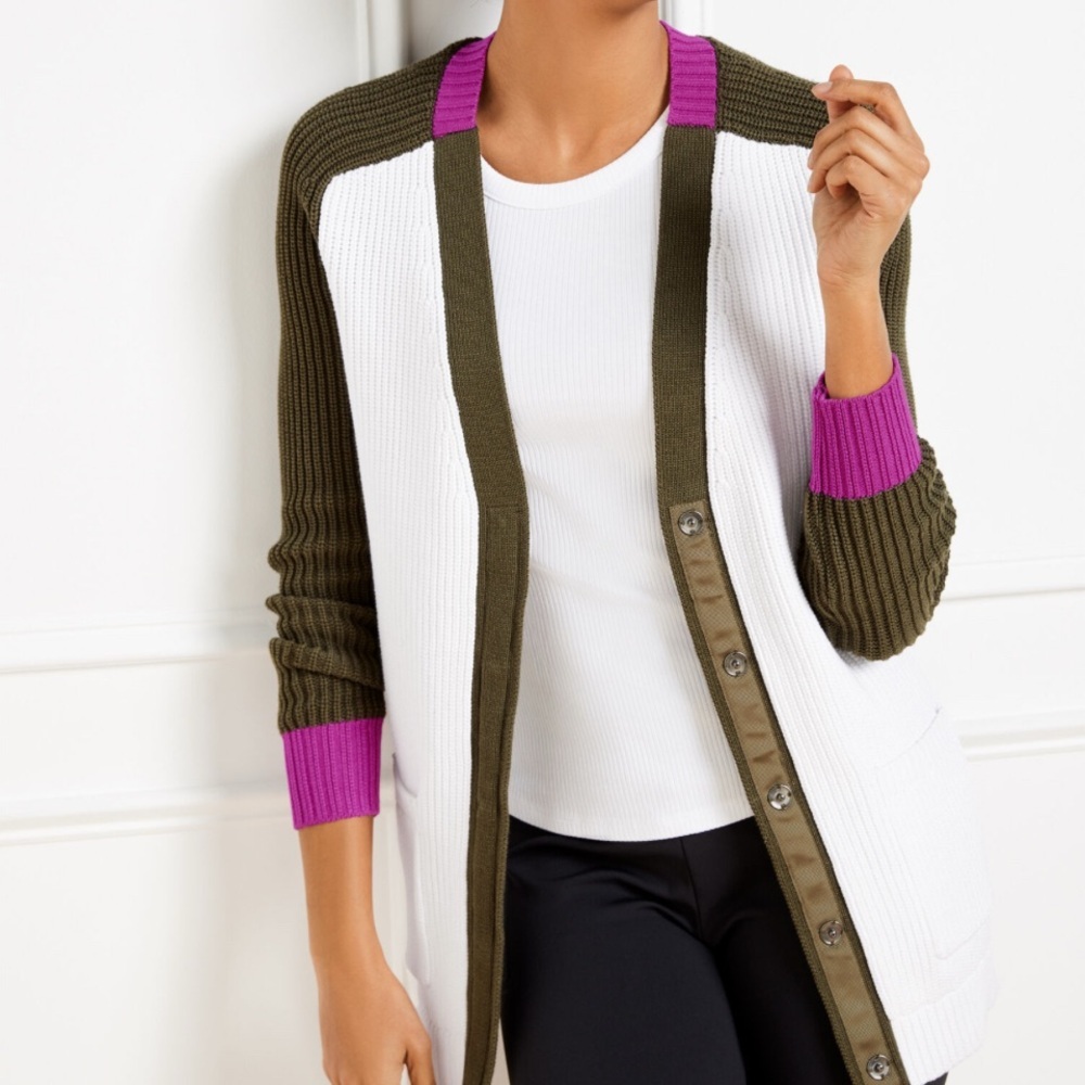 Talbots Color Block Purple And Brown Knit Cardigan - image 1